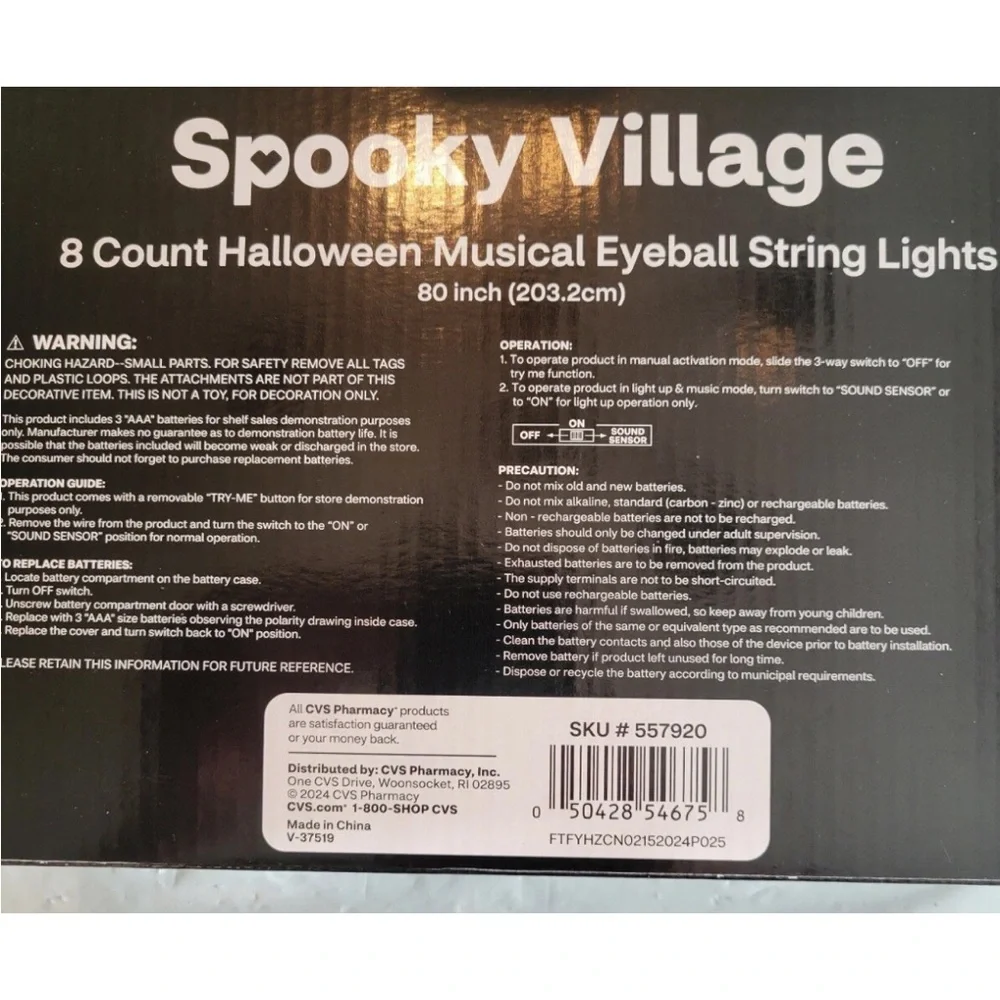 2x Spooky Village 8 Count Halloween Musical Sound Effects Eyeball String Lights